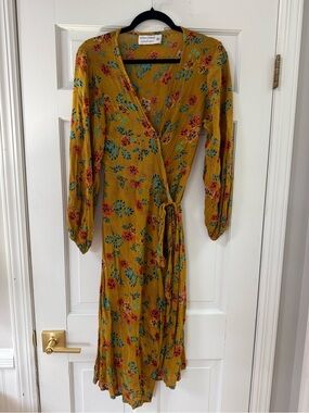 Faithfull the Brand x Anthropologie Mustard Floral Wrap Dress with Tie Waist
